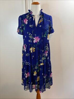 DKNY Royal Blue Floral Tie-Neck Midi Dress 6